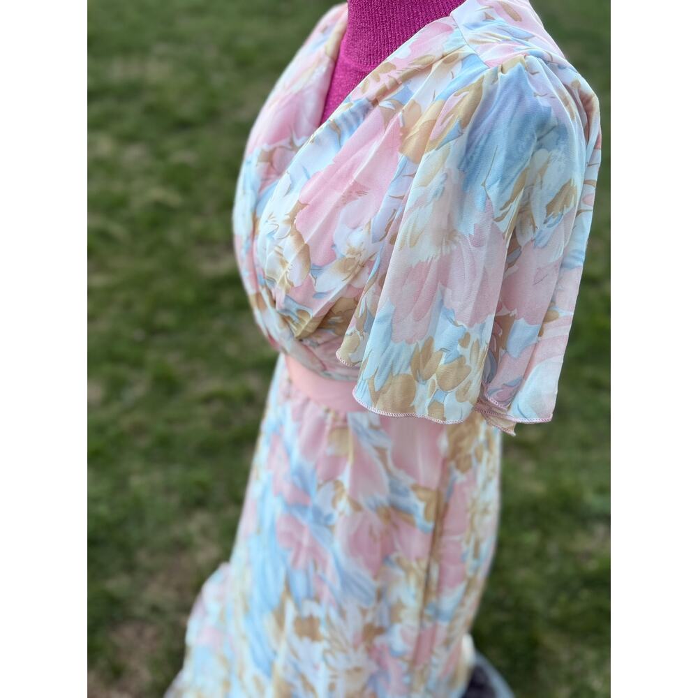 Pastel Floral Chiffon Maxi Dress Pink Blue Flutter Sleeve Open Back Romantic